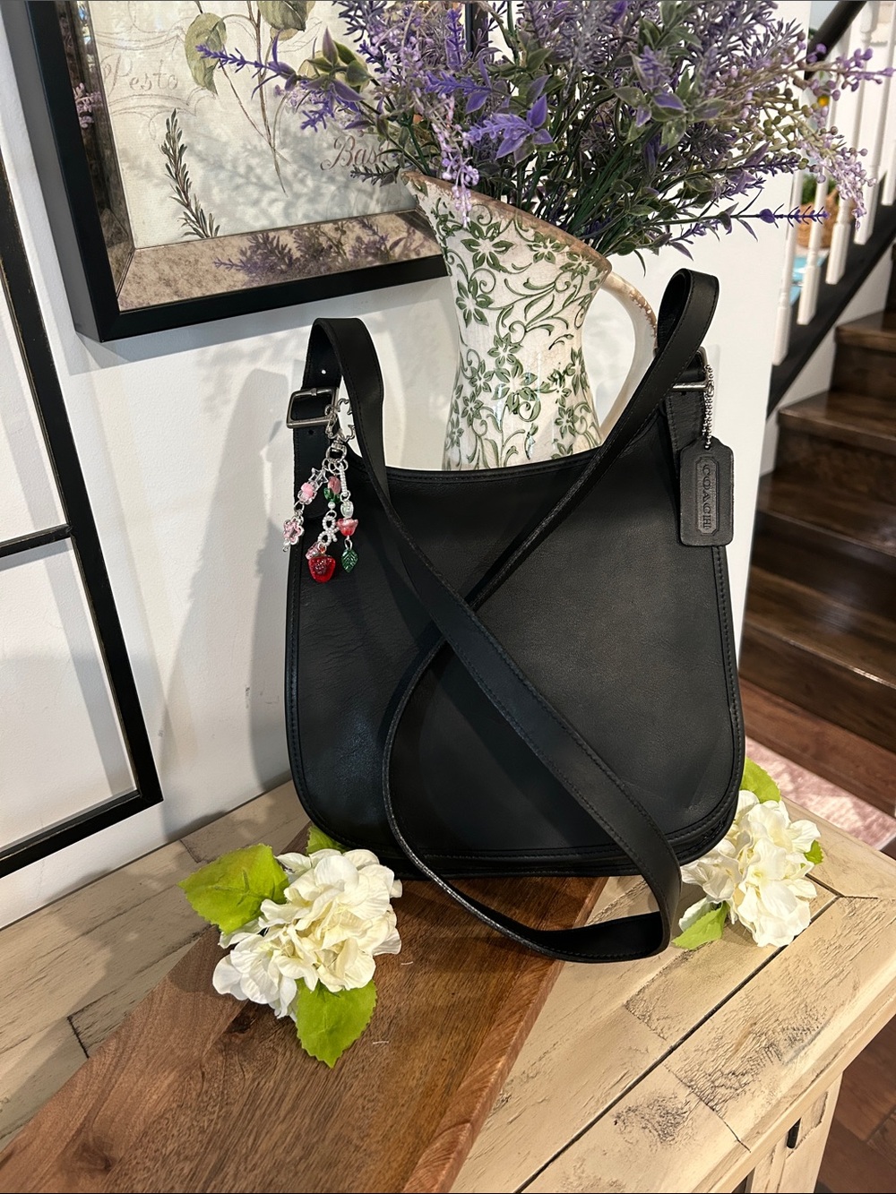 Coach Black Leather Shoulder Saddle Bag with Charm